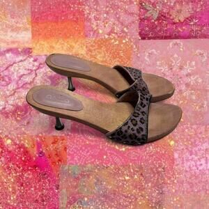 Vintage Wooden Leopard print animal skin kitten heel sandal MadeIn Brazil Size 8
